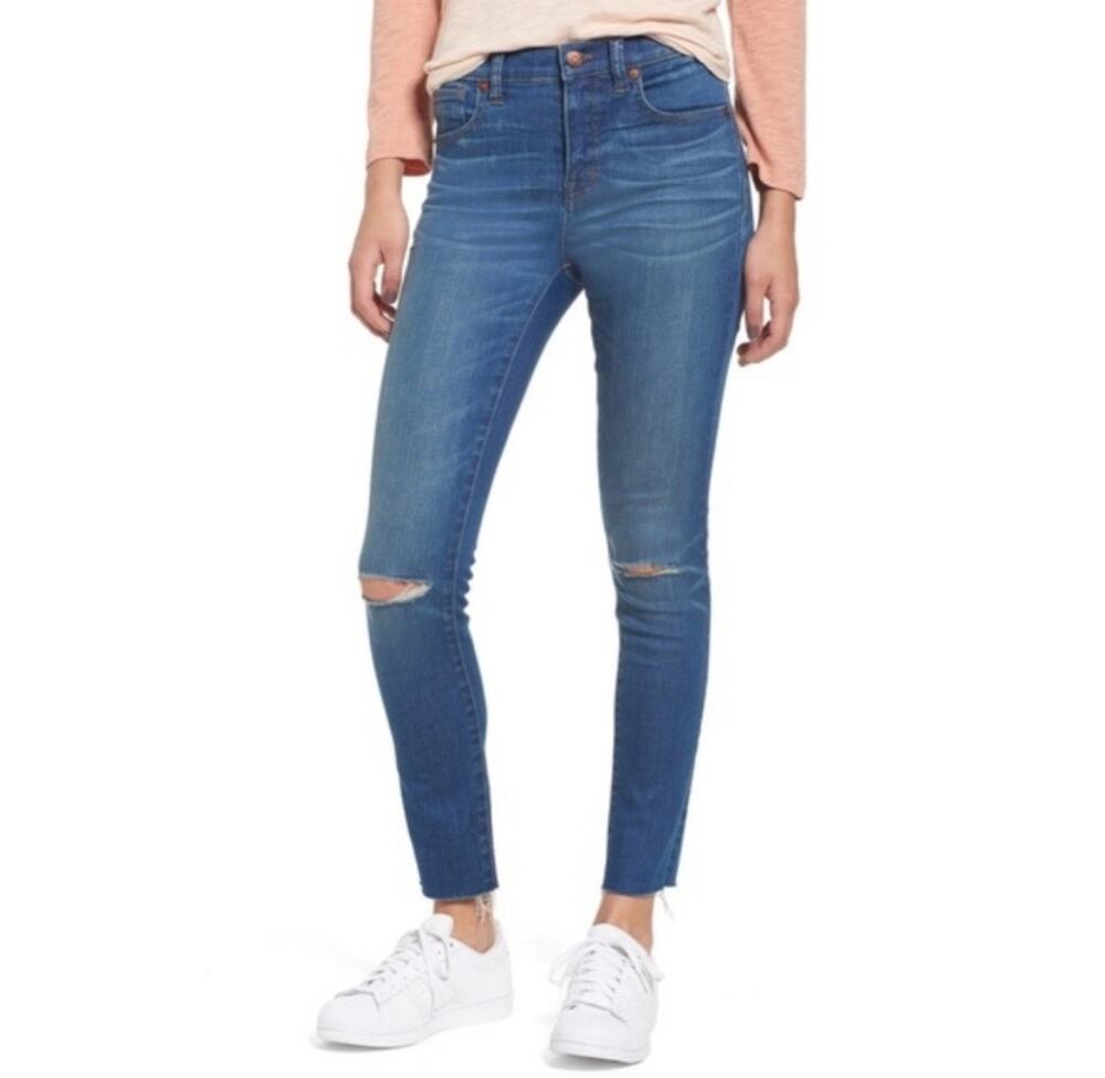 Madewell 9" High Rise Skinny Jeans Distressed Rip Knee Hole 26 Ankle Raw Hem